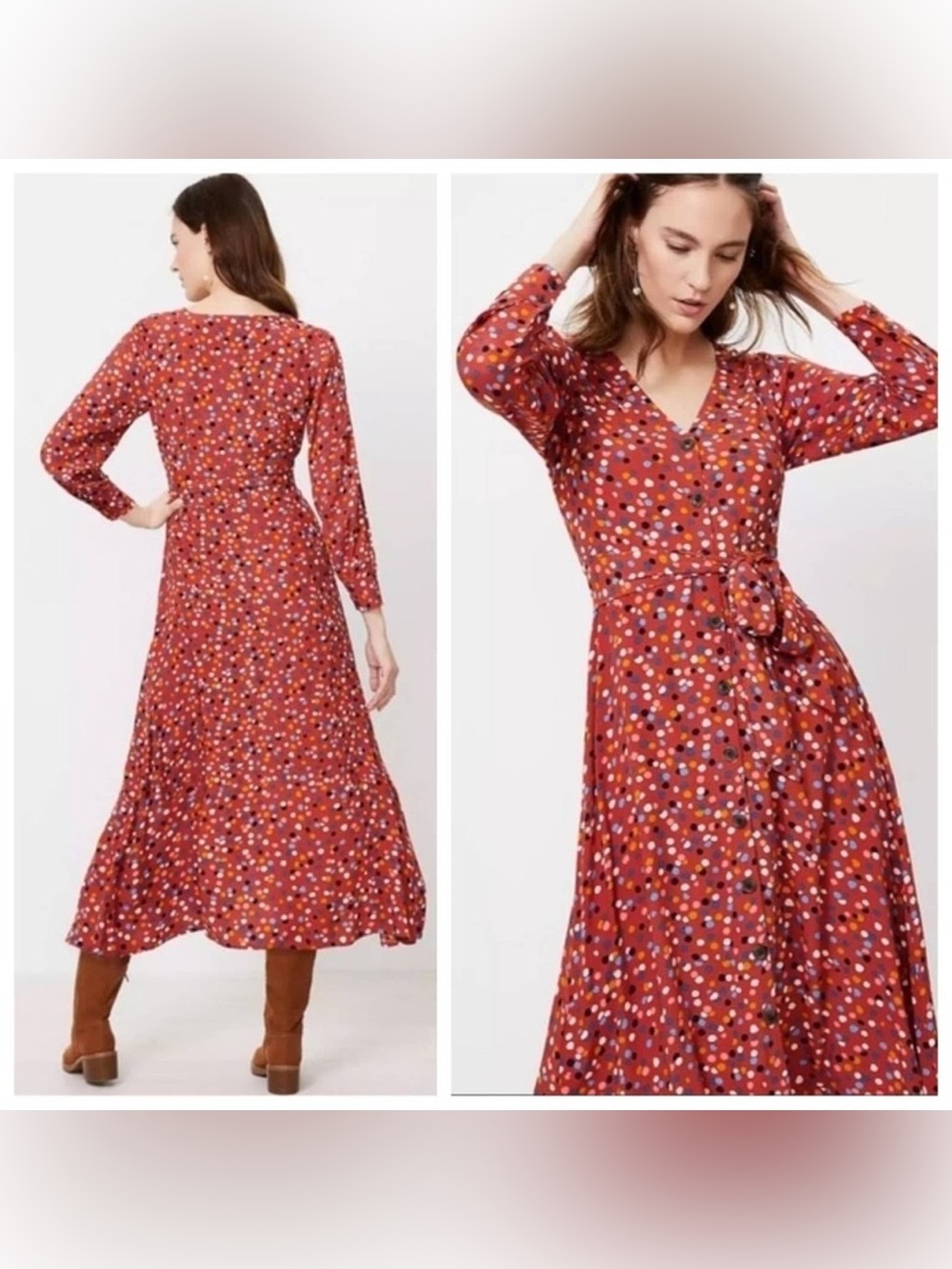 Loft Dotted V-Neck Tie Waist Midi Shirtdress